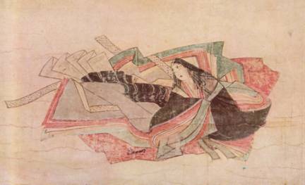 the poet Koogimi, painted in the 13th century, dressed in the fashion of her time